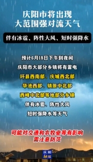 慶陽市將出現(xiàn)大范圍強(qiáng)對流天氣，伴有冰雹、陣性大風(fēng)、短時(shí)強(qiáng)降水