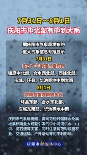 注意防范不利影響！7月31日～8月1日慶陽市中北部有中到大雨